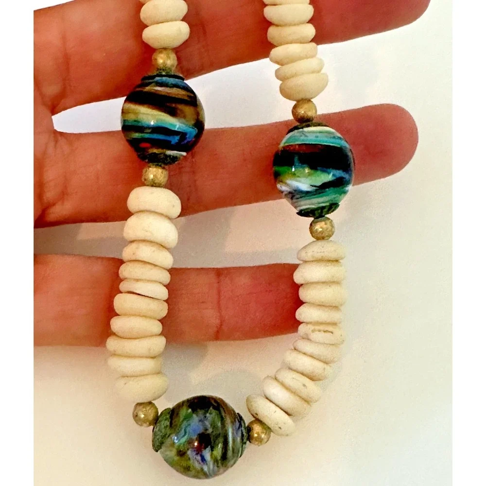 Necklace Murano Bead Swirl Multicolor‎ Off White Stones Chunky Barrel Clasp VTG